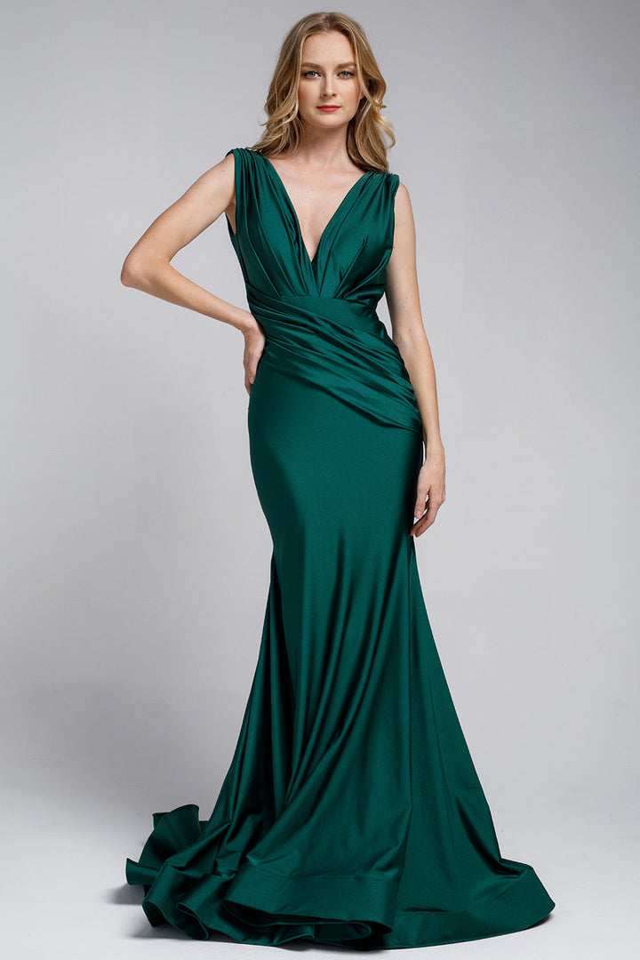 V-Neck Satin Mermaid Long Prom & Bridesmaid Dress AC370-9