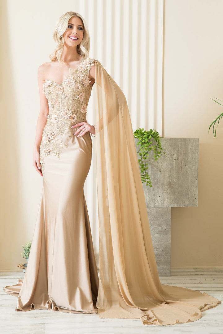 Strap One Shoulder 3D Floral Applique Mermaid Long Evening & Prom Dress AC388-3