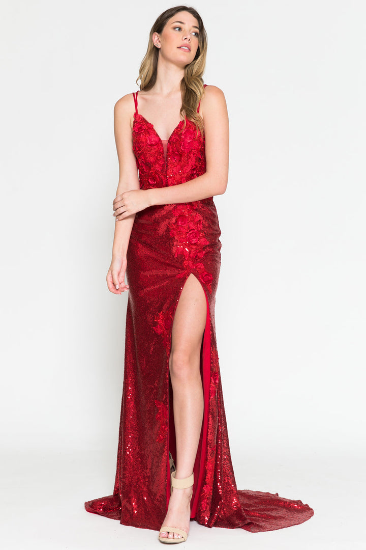 Embroidered Sequin Slit Flower Detailed Long Evening & Wedding Dress AC5020-7