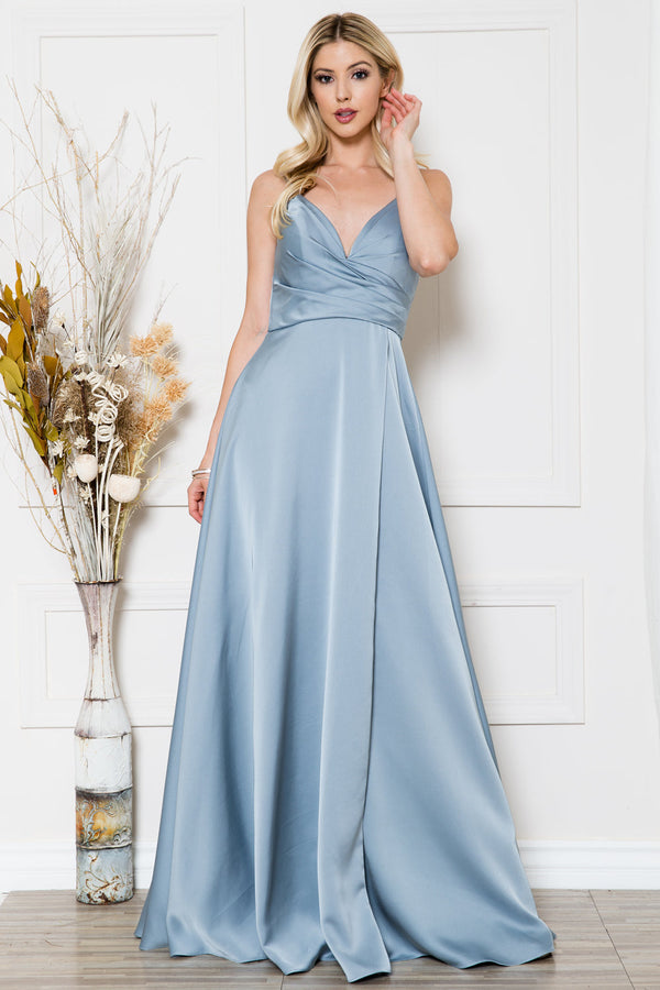 Open V-Back Spaghetti Straps High Slit Saton Long Prom Dress ACBZ012-5