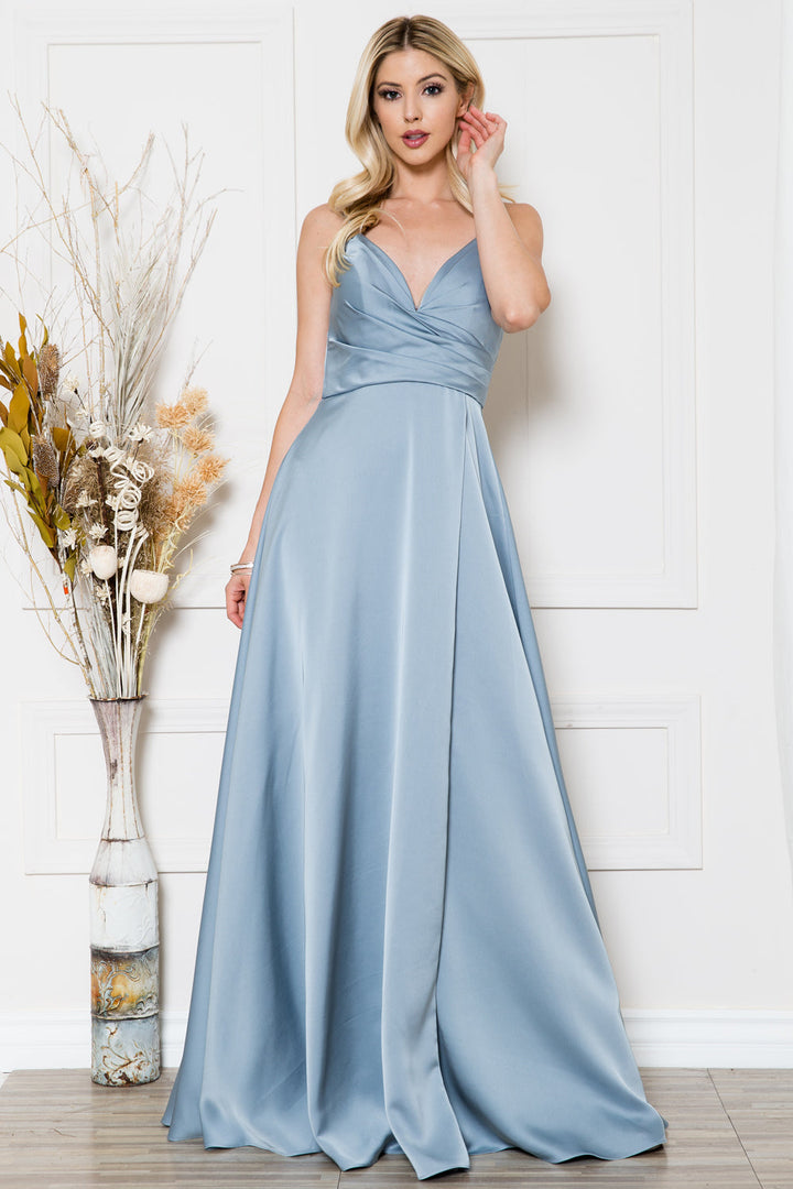 Open V-Back Spaghetti Straps High Slit Saton Long Prom Dress ACBZ012-5