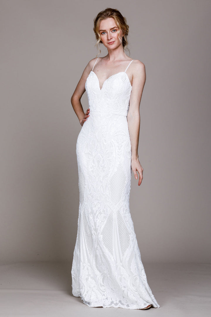 Illusion V-Neck Embroidered Sequins Long Prom Dress-2