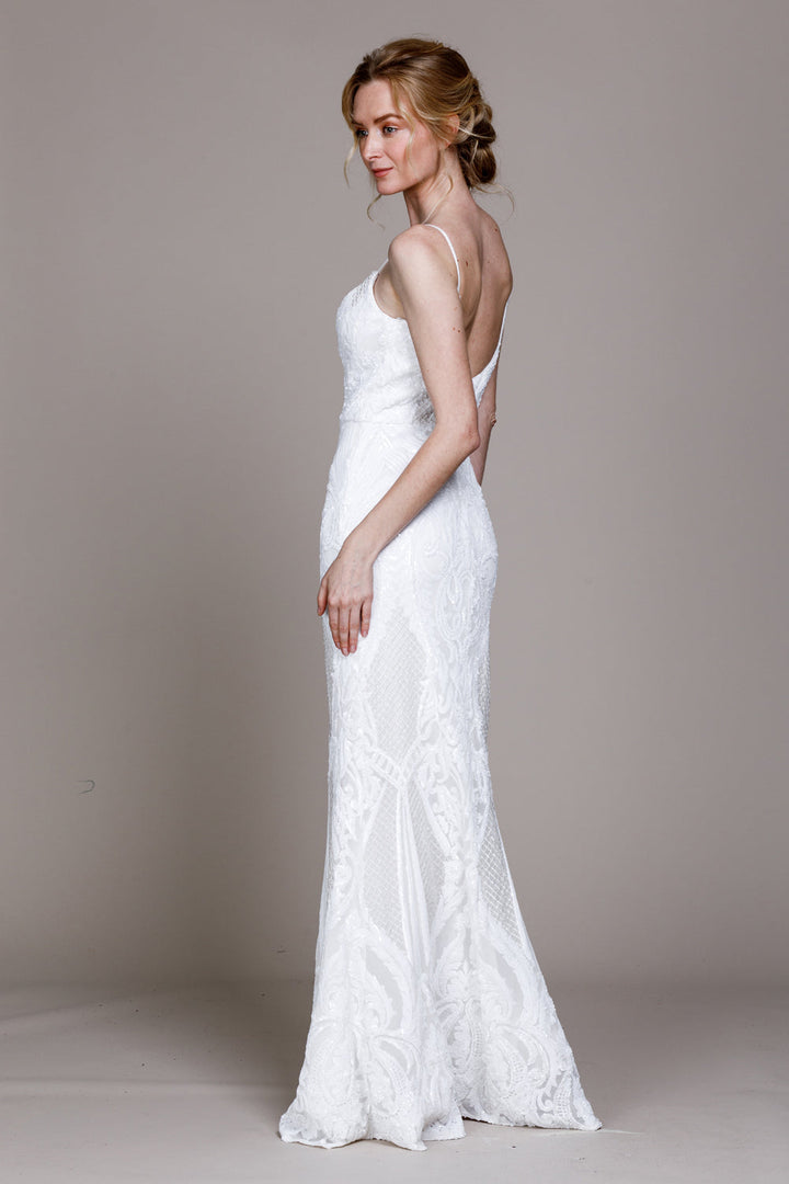 Illusion V-Neck Embroidered Sequins Long Prom Dress-3