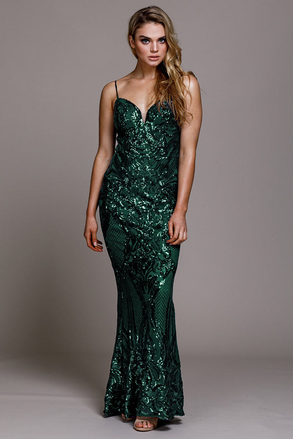 Illusion V-Neck Embroidered Sequins Long Prom Dress-5
