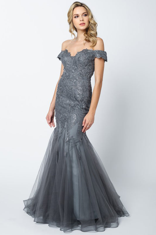 Embellished Lace Off Shoulder Mermaid Long Prom Dress-3