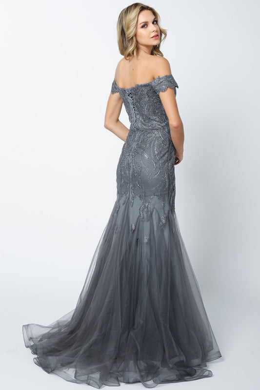 Embellished Lace Off Shoulder Mermaid Long Prom Dress-4