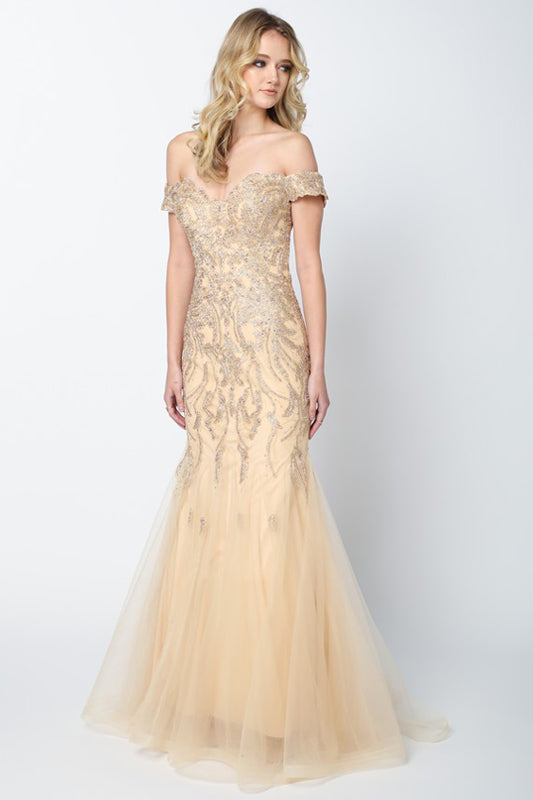 Embellished Lace Off Shoulder Mermaid Long Prom Dress-5