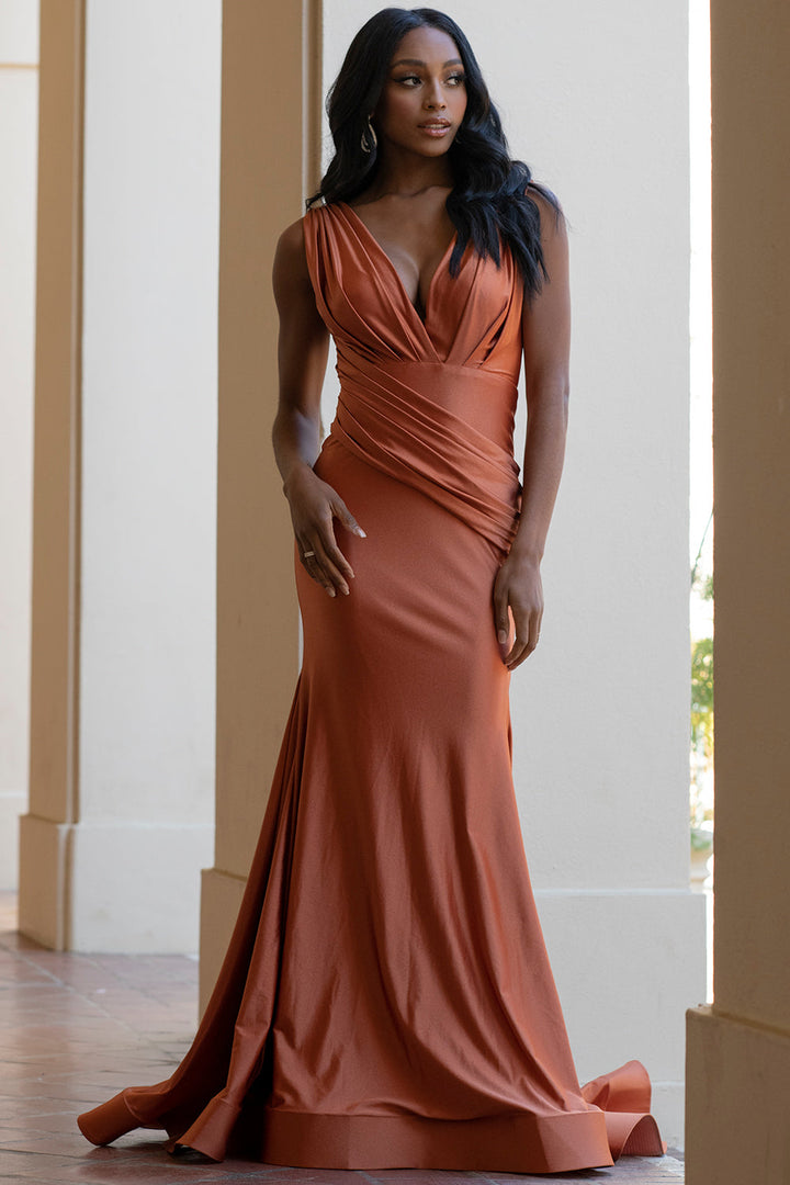 V-Neck Satin Mermaid Long Prom & Bridesmaid Dress AC370-2
