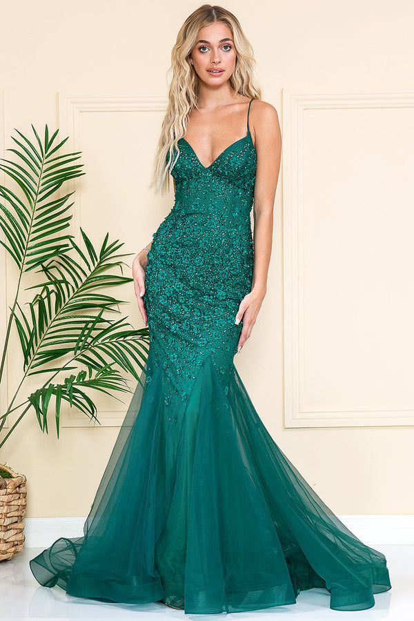 Mermaid Tulle Skirt Embroidered Lace Long Prom Dress ACSU066-5