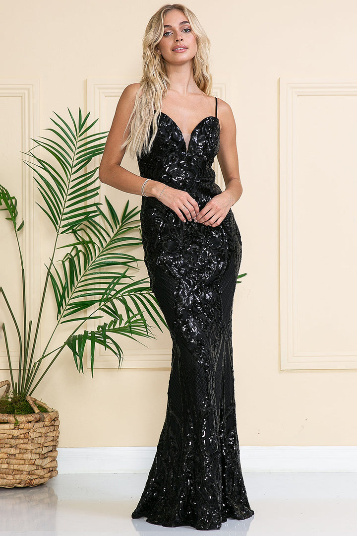 Illusion V-Neck Embroidered Sequins Long Prom Dress-4
