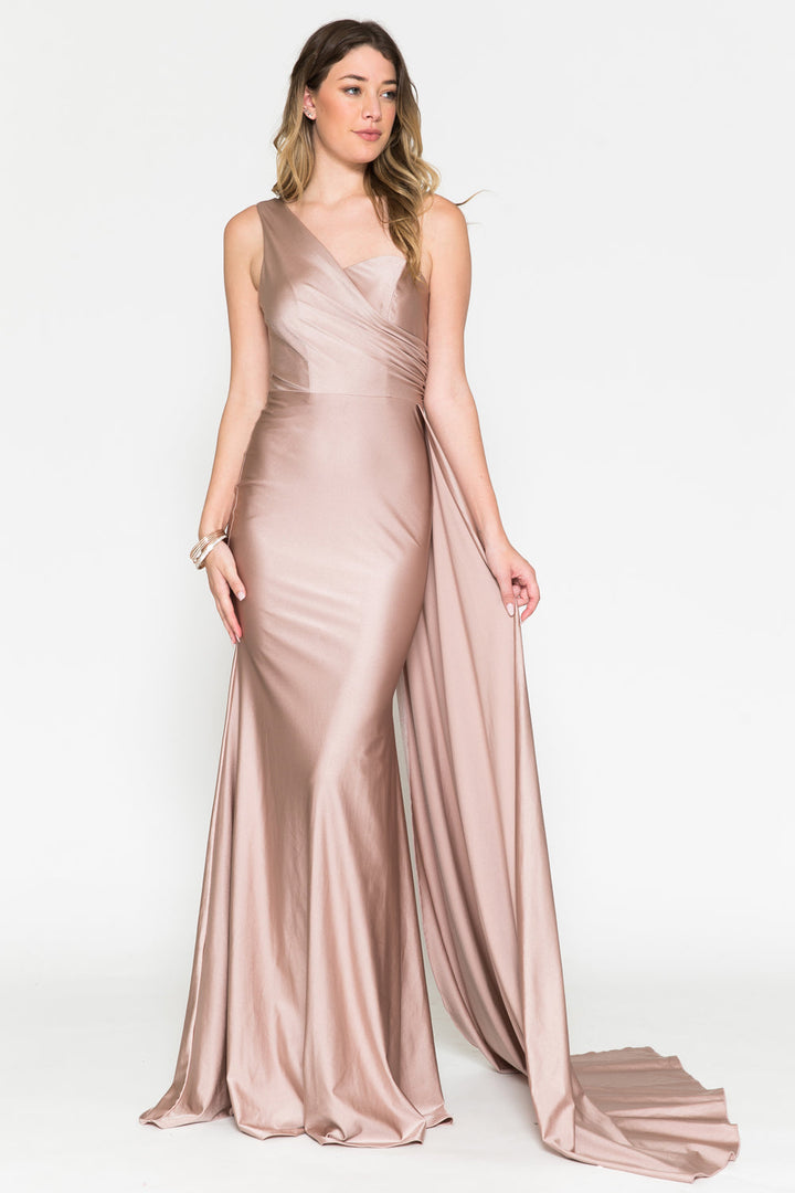 One Shoulder Fit & Flare Lycra Eleganr Side Cape Long Prom Dress AC387-8