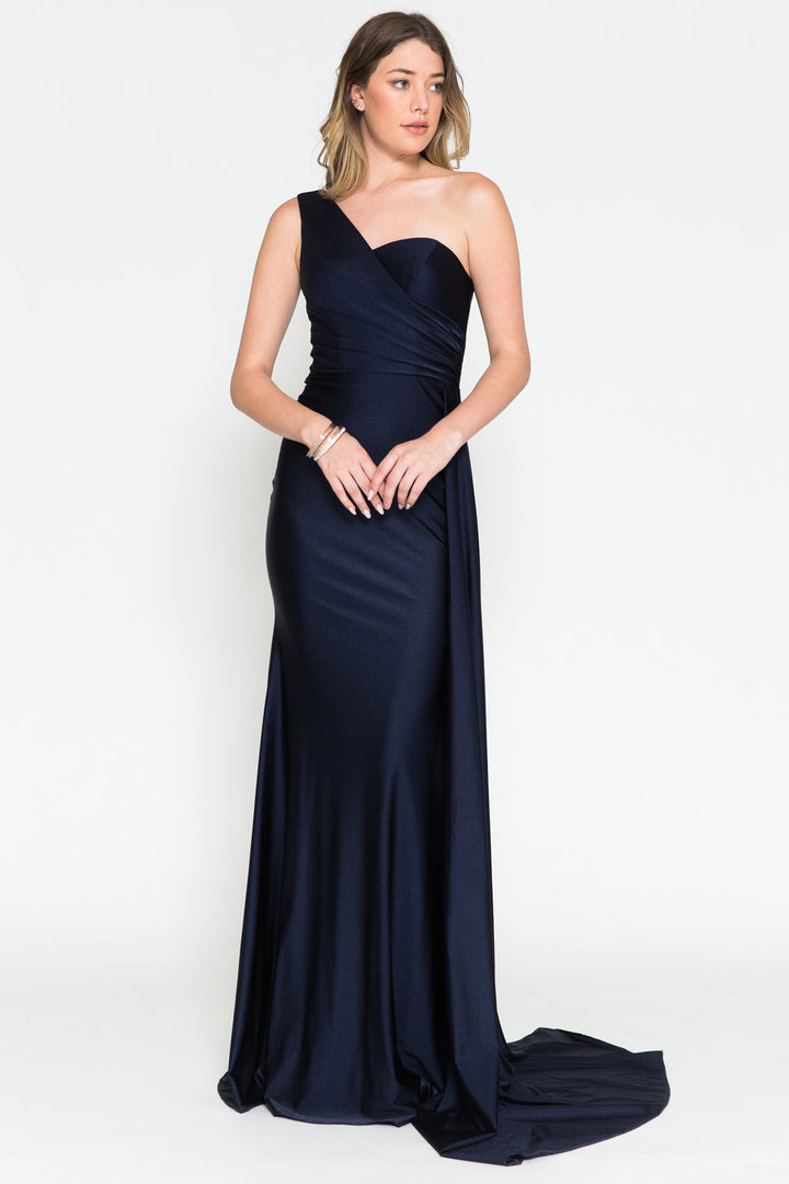 One Shoulder Fit & Flare Lycra Eleganr Side Cape Long Prom Dress AC387-10