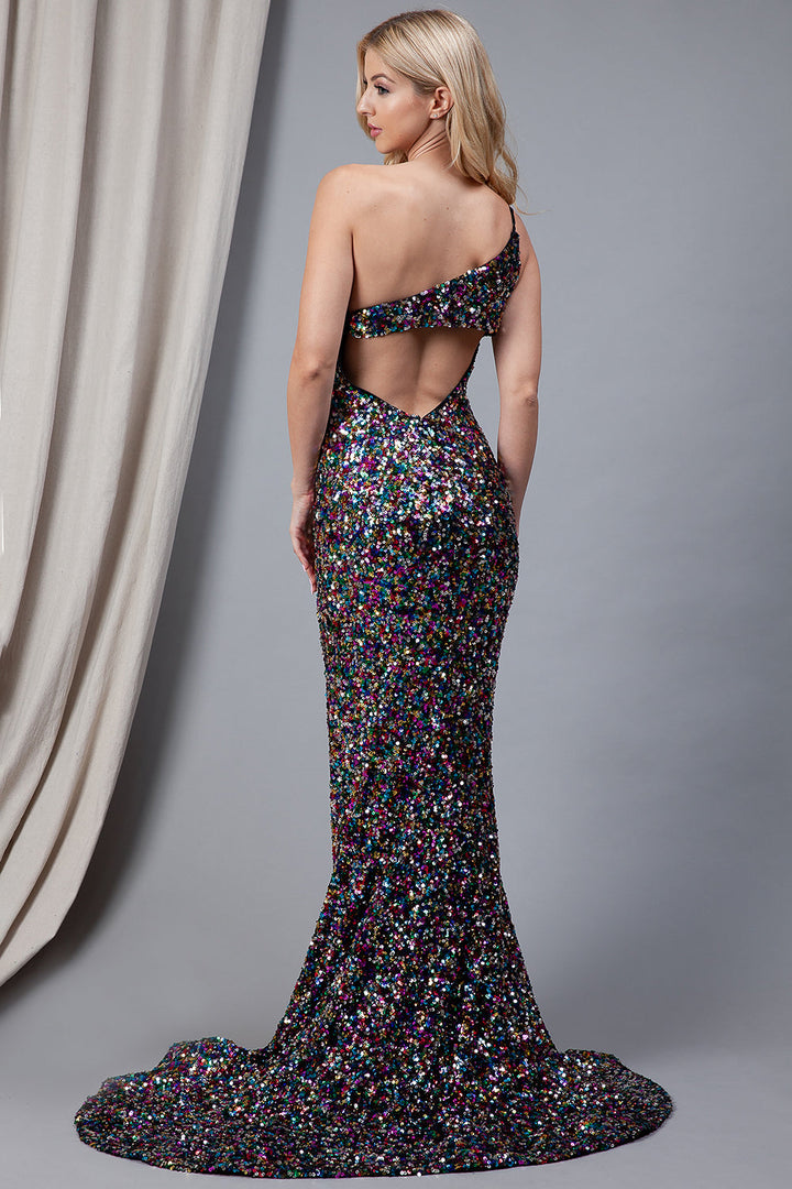 Embroidered Sequins One Shoulder Back Detailed Long Prom Dress AC7023-4