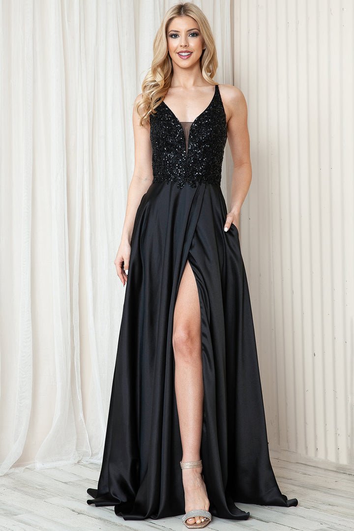 Front Slit Embroidered Bodice Straps Satin Skirt Long Prom Dress AC6120-0