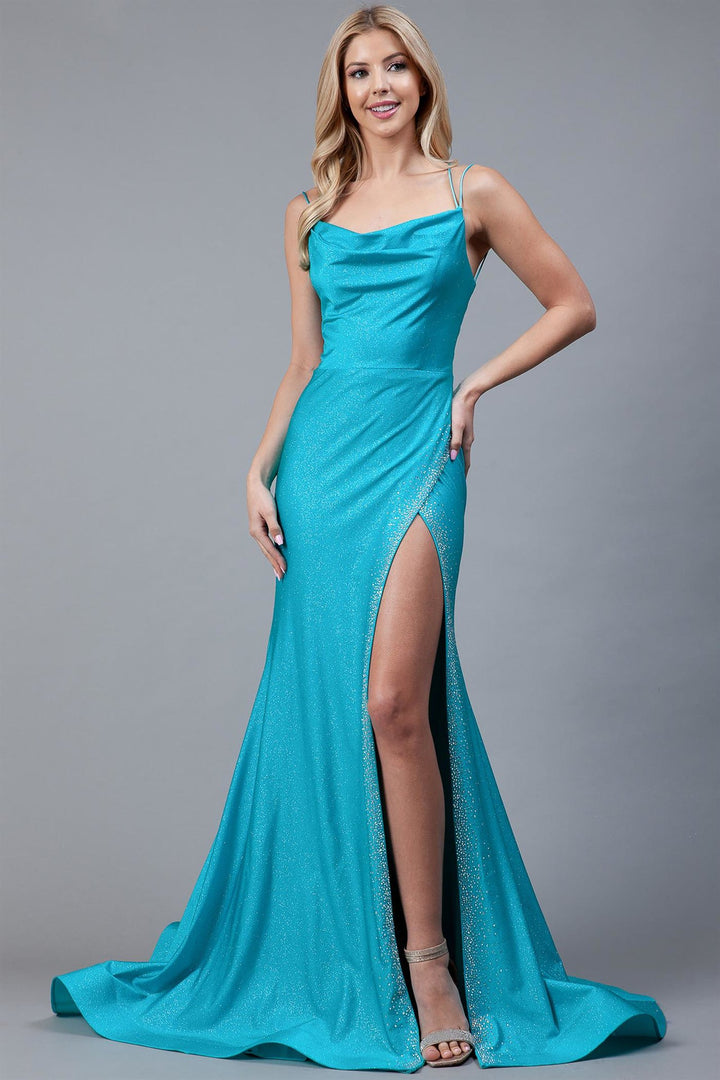 Mermaid Side Slit Cowl Neck Double Spaghetti Straps Long Prom Dress AC399-3