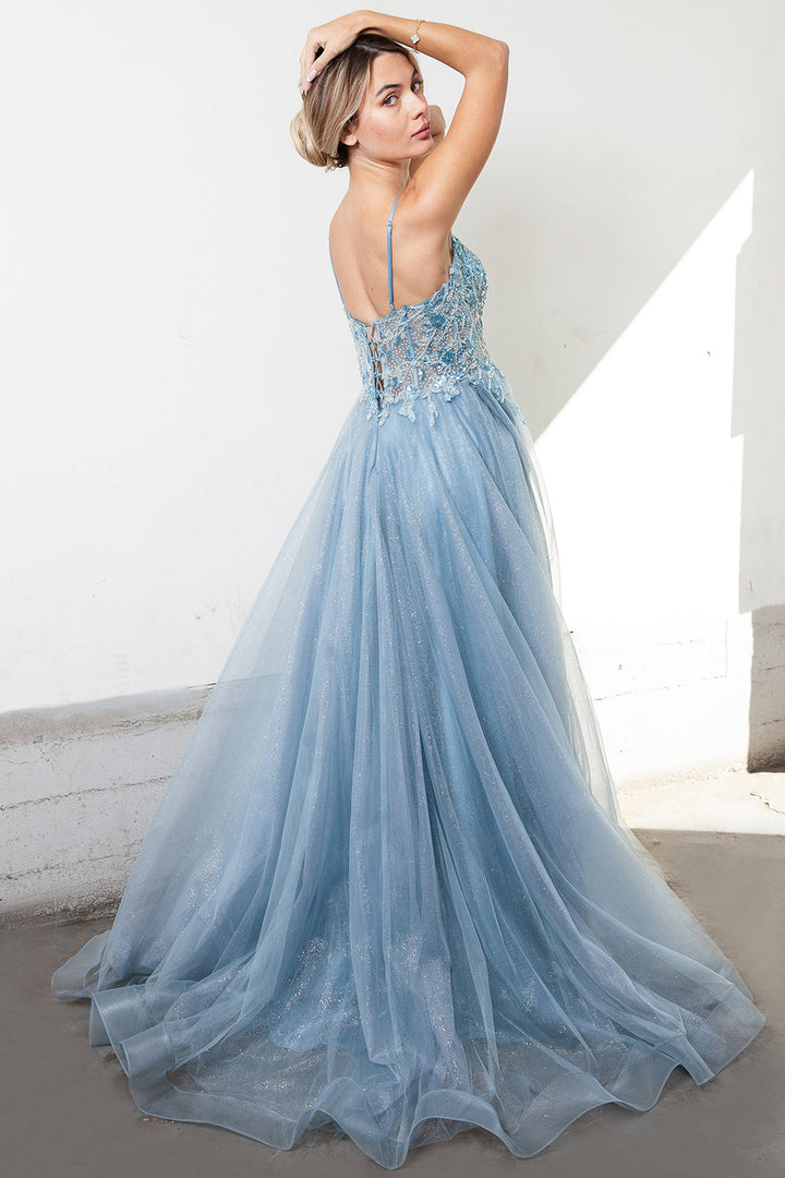 Embroidered Lace Bodice Side Slit Tulle Skirt Long Prom Dress ACTM1004-3