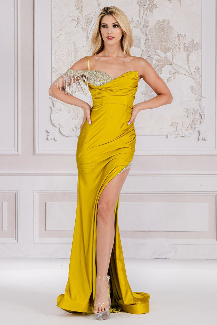 Spaghetti Straps High Side Slit Embellished Jewel Long Prom Dress AC3017-2