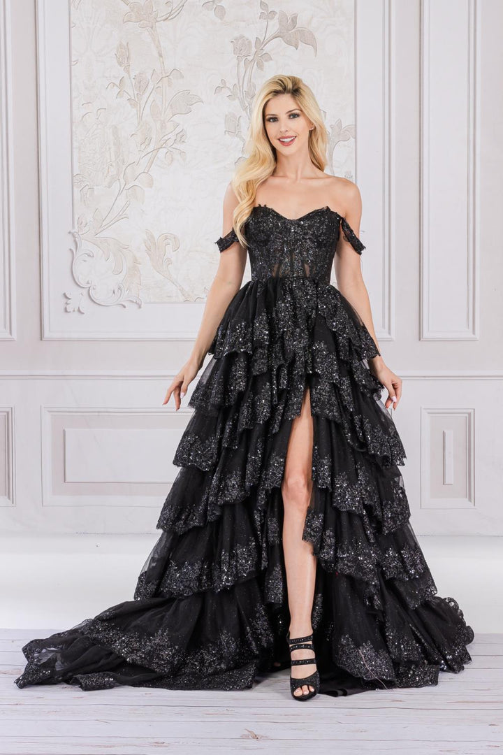 Off Shoulder Embellished Glitter Sweetheart Layered Skirt Long Prom Dress ACTM1012-0
