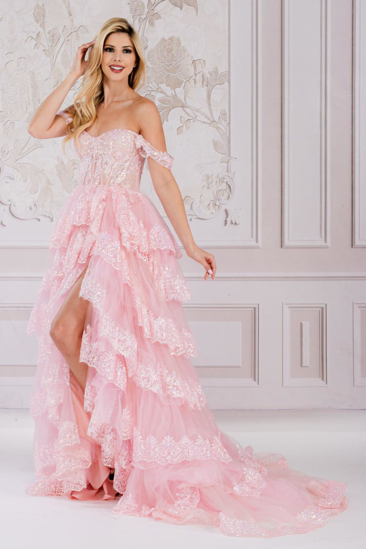 Off Shoulder Embellished Glitter Sweetheart Layered Skirt Long Prom Dress ACTM1012-3