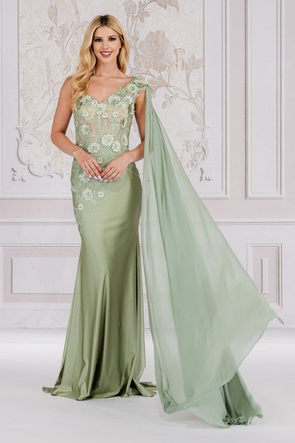 Strap One Shoulder 3D Floral Applique Mermaid Long Evening & Prom Dress AC388-5
