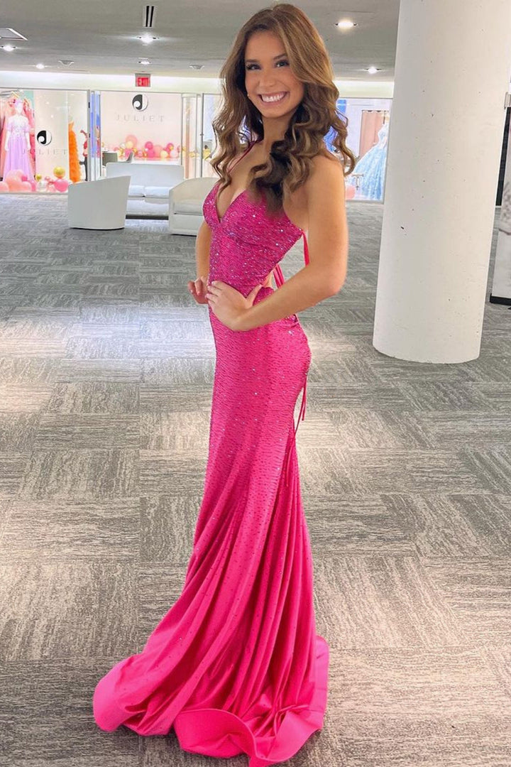 Mermaid Illusion V-Neck Embellished Sequin Open Criss Cross Back Long Prom Dress AC3018-5
