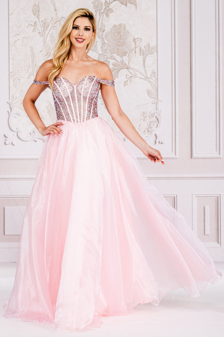 Off Shoulder Sheer Embellished Bodice A-Line Long Prom Dress AC7040-3