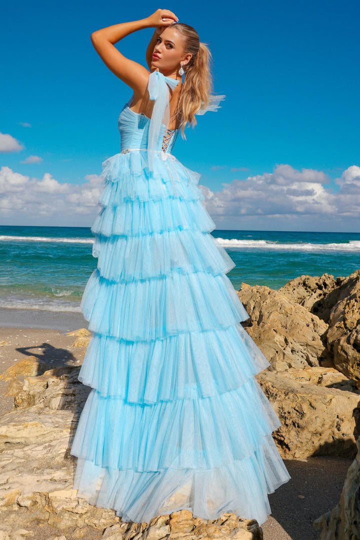 Ruffle Skirt Corset Back Straight Across Long Prom Dress AC6125-1