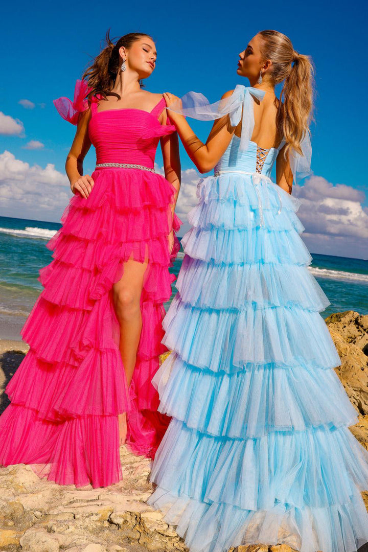 Ruffle Skirt Corset Back Straight Across Long Prom Dress AC6125-0