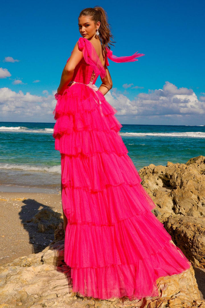 Ruffle Skirt Corset Back Straight Across Long Prom Dress AC6125-4
