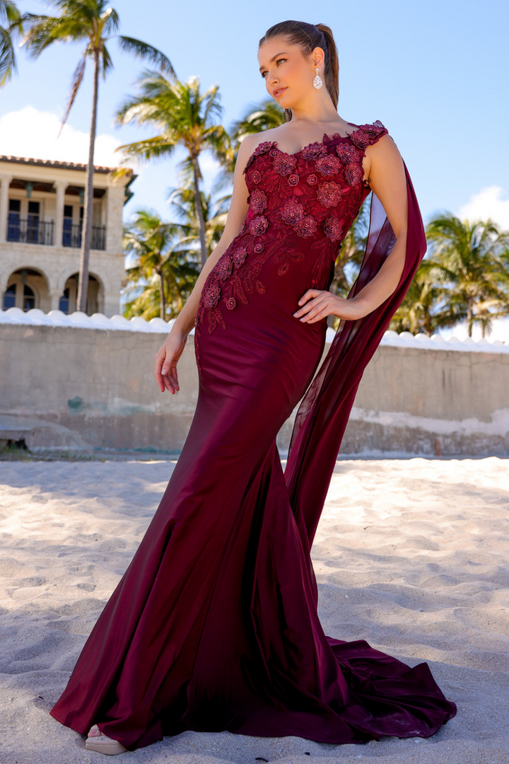 Strap One Shoulder 3D Floral Applique Mermaid Long Evening & Prom Dress AC388-6