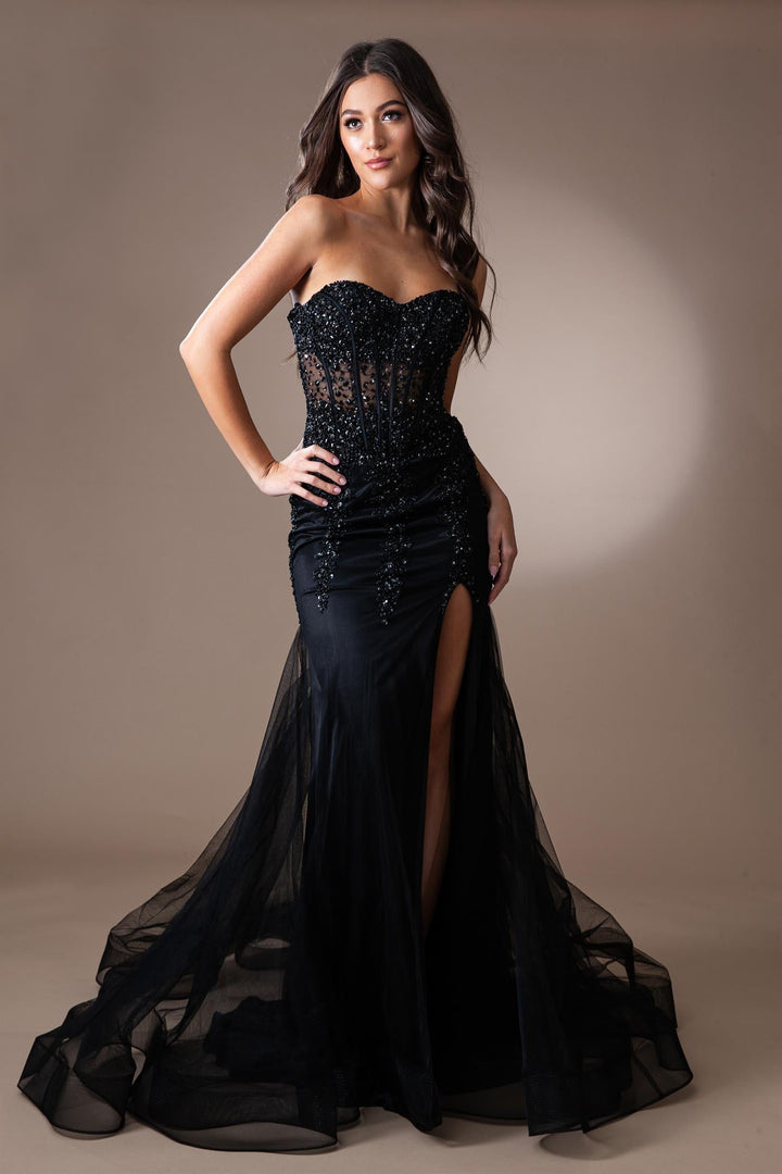 Sheer Embroidered Lace Side Slit Open Back Long Prom Dress AC7051-1