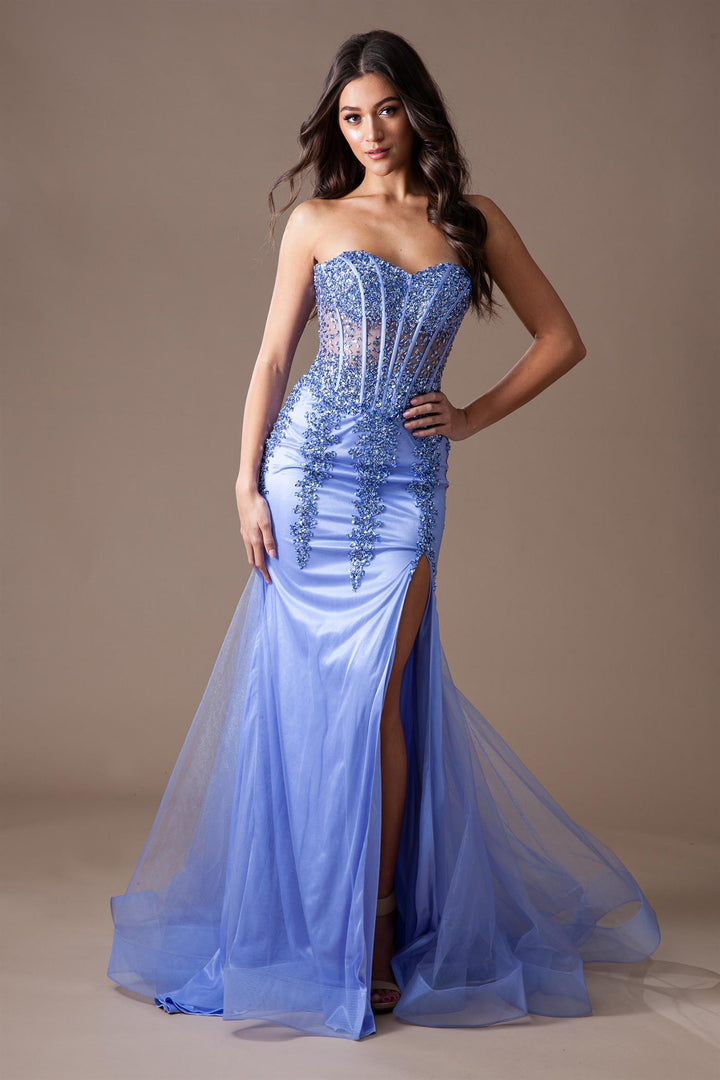 Sheer Embroidered Lace Side Slit Open Back Long Prom Dress AC7051-5