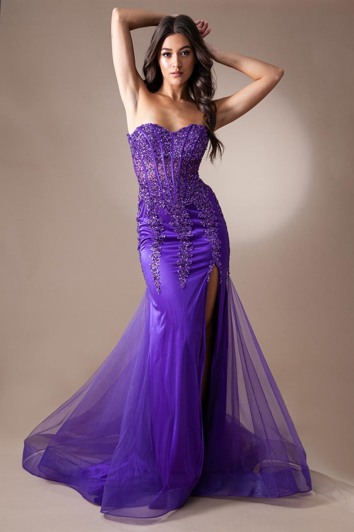 Sheer Embroidered Lace Side Slit Open Back Long Prom Dress AC7051-2