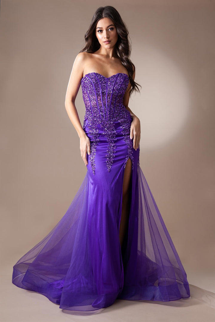 Sheer Embroidered Lace Side Slit Open Back Long Prom Dress AC7051-6
