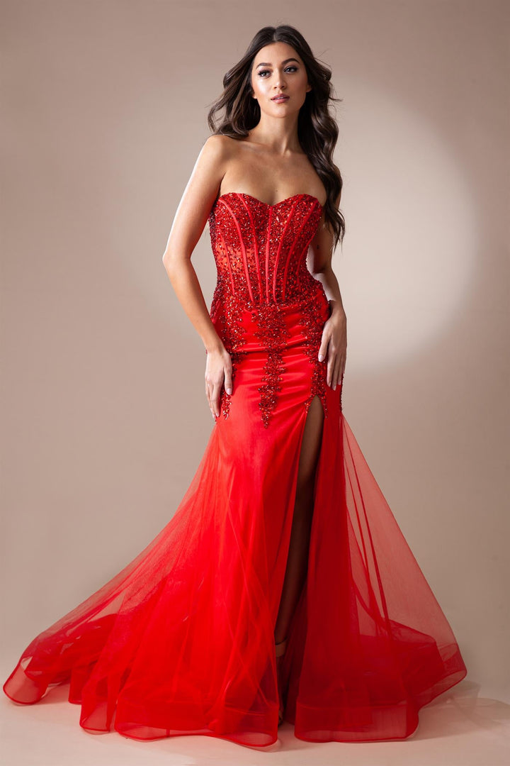 Sheer Embroidered Lace Side Slit Open Back Long Prom Dress AC7051-7