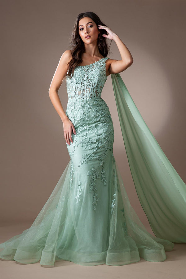 One Shoulder Embroidered Lace Mermaid Long Prom Dress AC7048-0
