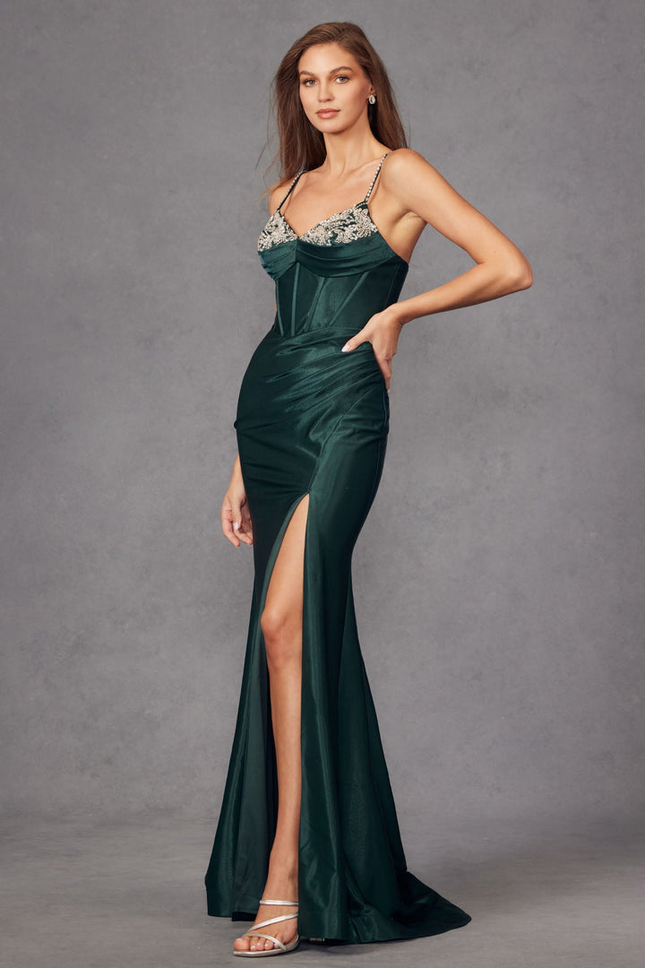 Fitted Silky Stretch Satin Rhinestone Embellished Neckline Slit Prom Dress JTJT2434A-1