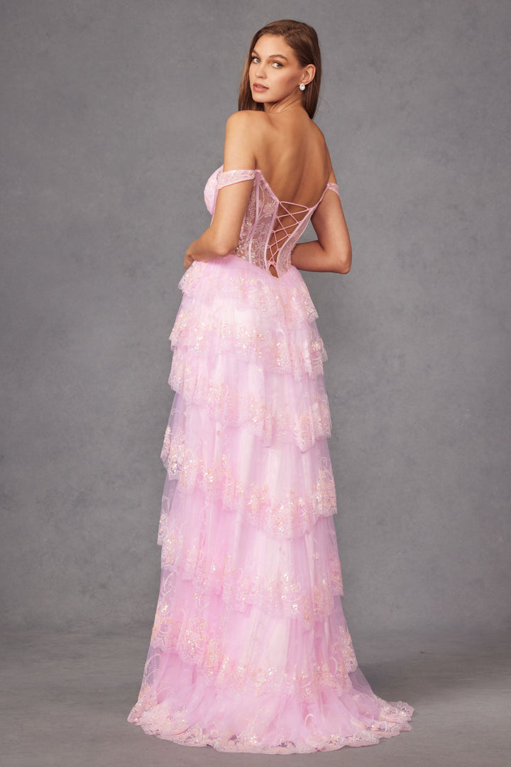 Ruffle Tulle Lace Sequin Sheer Corset Bodice Off The Shoulder Straps Prom Dress JTJT2453K-1