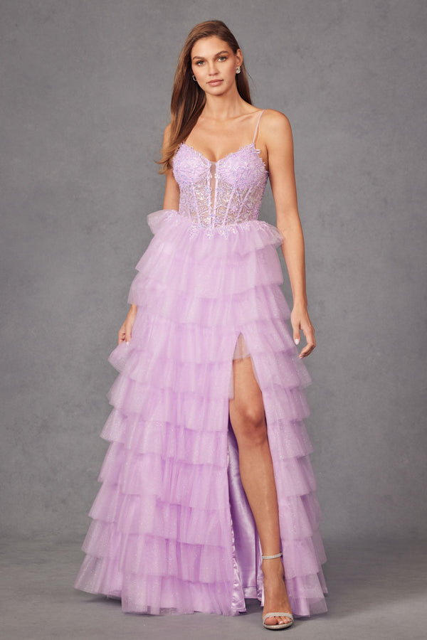 Ruffle Tulle With A Deep Lace Corset Bodice And Lace Up Back Prom Dress JTJT2458A-5
