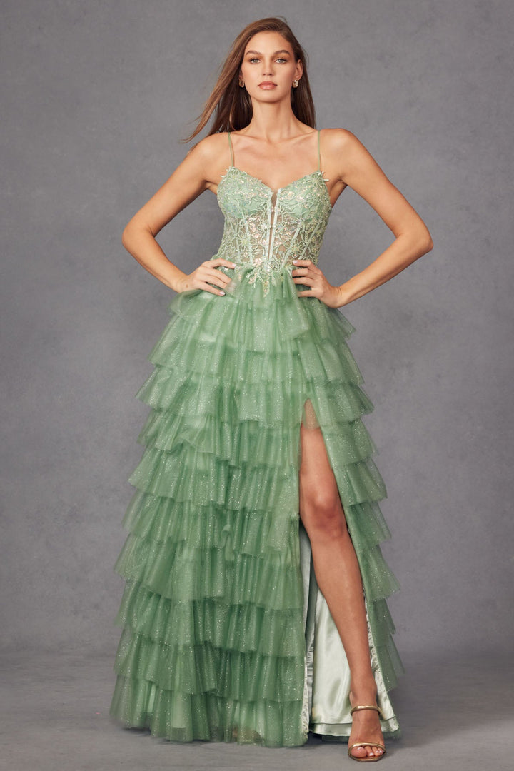Ruffle Tulle With A Deep Lace Corset Bodice And Lace Up Back Prom Dress JTJT2458A-6