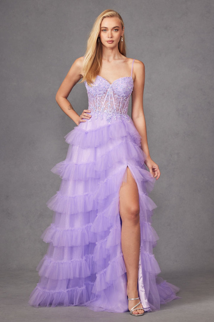 Fitted Beaded Tulle Ruffle Skirt Side Slit Lace Corset Long Prom Dress JTJT2459A-2