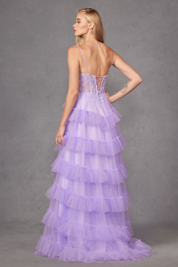 Fitted Beaded Tulle Ruffle Skirt Side Slit Lace Corset Long Prom Dress JTJT2459A-3