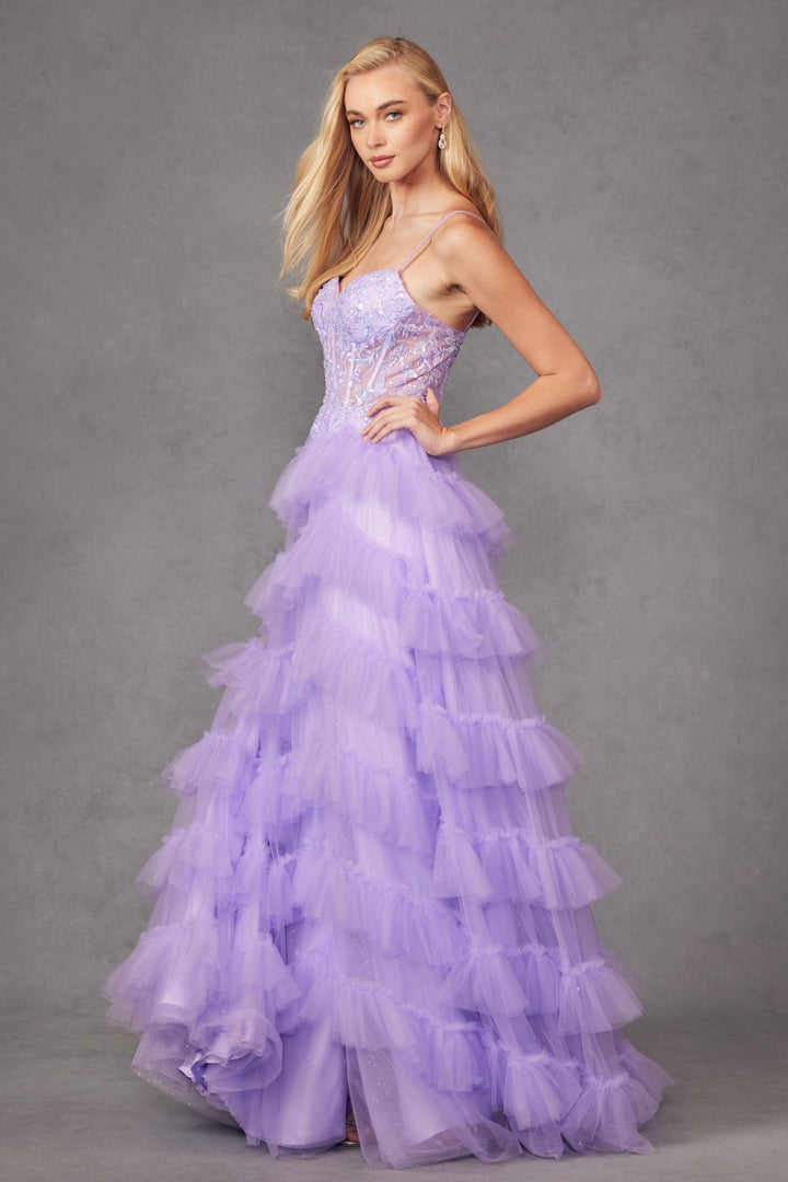 Fitted Beaded Tulle Ruffle Skirt Side Slit Lace Corset Long Prom Dress JTJT2459A-4