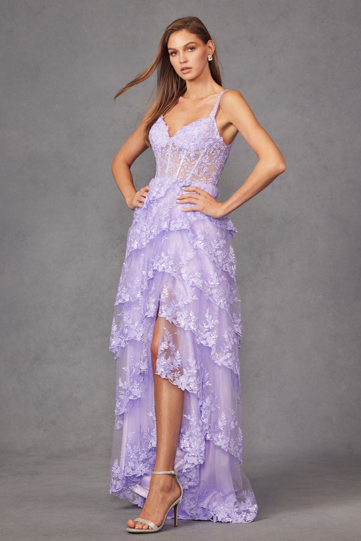 Tulle Lace Sequin Fitted Sheer Corset Bodice Ruffle Skirt High Slit Prom Dress JTJT2463A-2