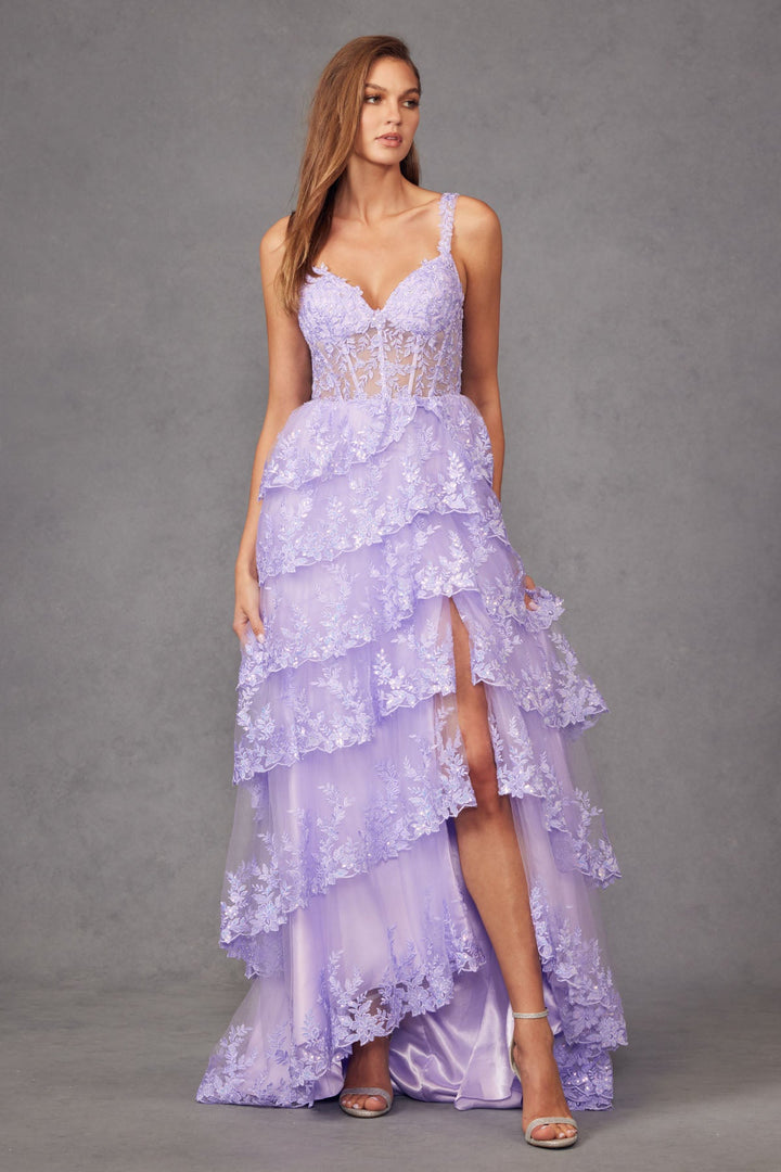 Tulle Lace Sequin Fitted Sheer Corset Bodice Ruffle Skirt High Slit Prom Dress JTJT2463A-4