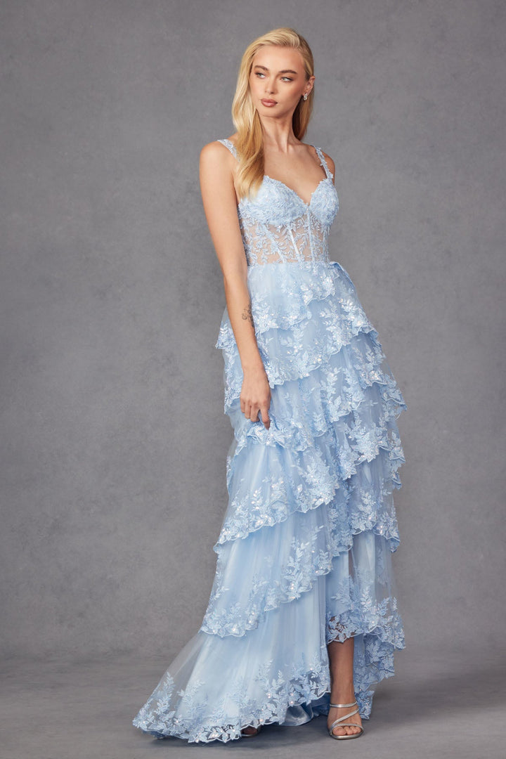 Tulle Lace Sequin Fitted Sheer Corset Bodice Ruffle Skirt High Slit Prom Dress JTJT2463A-1