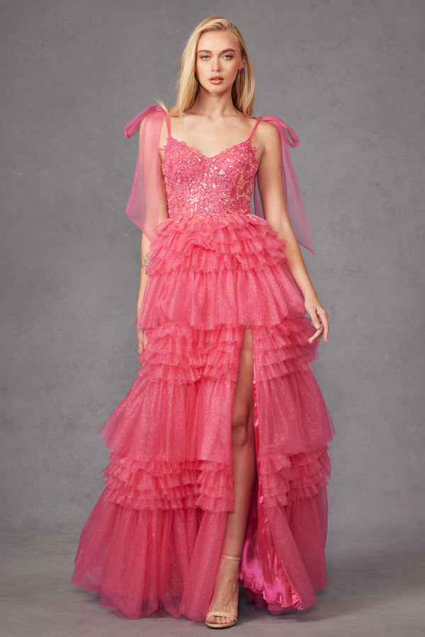 Tiered Ruffle Skirt Tulle Bows On Shoulder Sleeve Long Prom Dress JTJT2465A-5