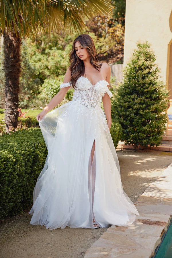 3D Floral Off Shoulder Sheer Bodice Long Wedding Dress JTJT2483KW-0