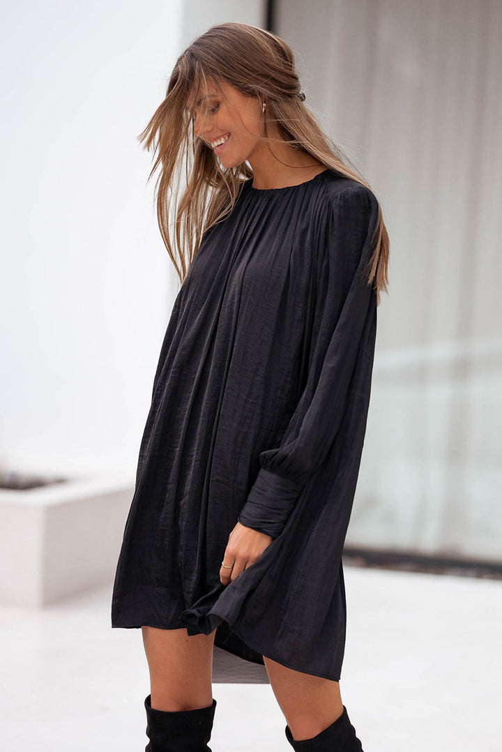 Rowan Solid Bishop Sleeve Pleated Mini Dress-3
