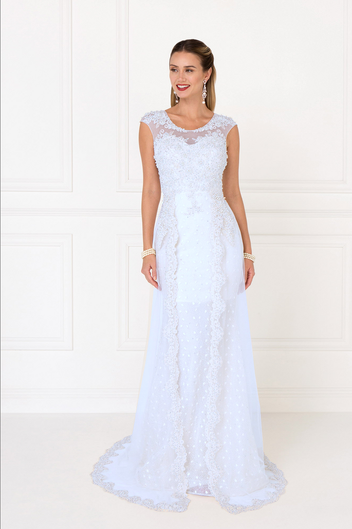 Lace A-Line Long Dress with Tulle Overlay-2